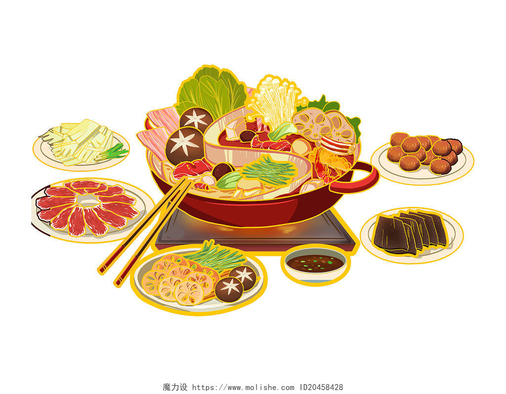 彩色手绘卡通国潮中国风火锅食物美食元素PNG素材